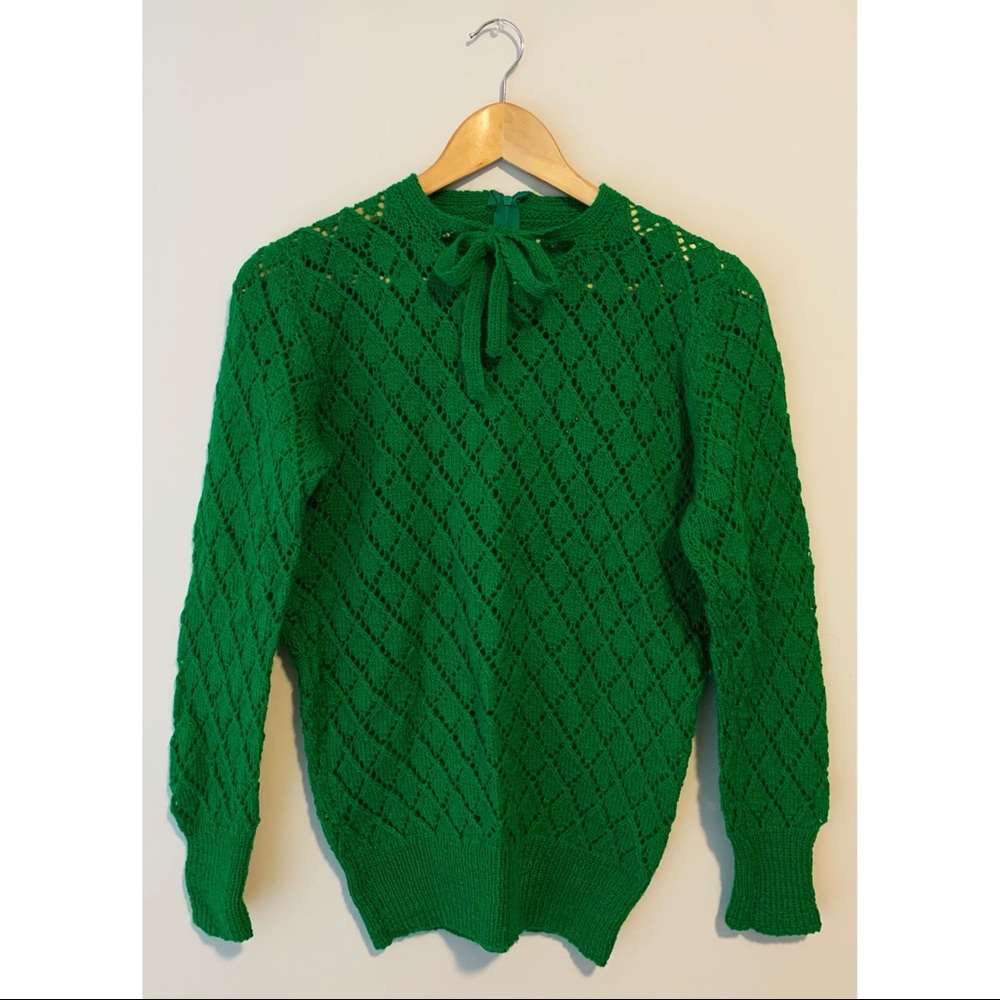 Vintage Green Knit Crochet Sweater Pullover Jumper